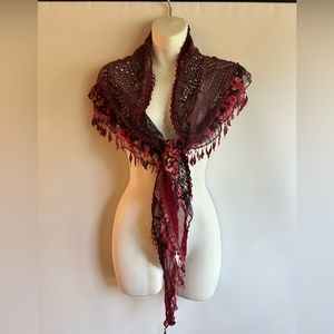 WINE/BURGUNDY LACE WITH FLOWER BOW UNIQUE FRINGE SCARF 100% VISCOSE